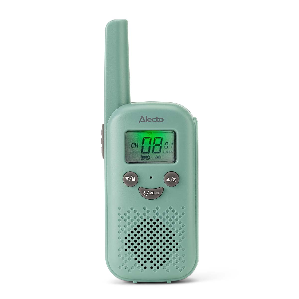 A green walkie-talkie with a display, buttons, and speaker.