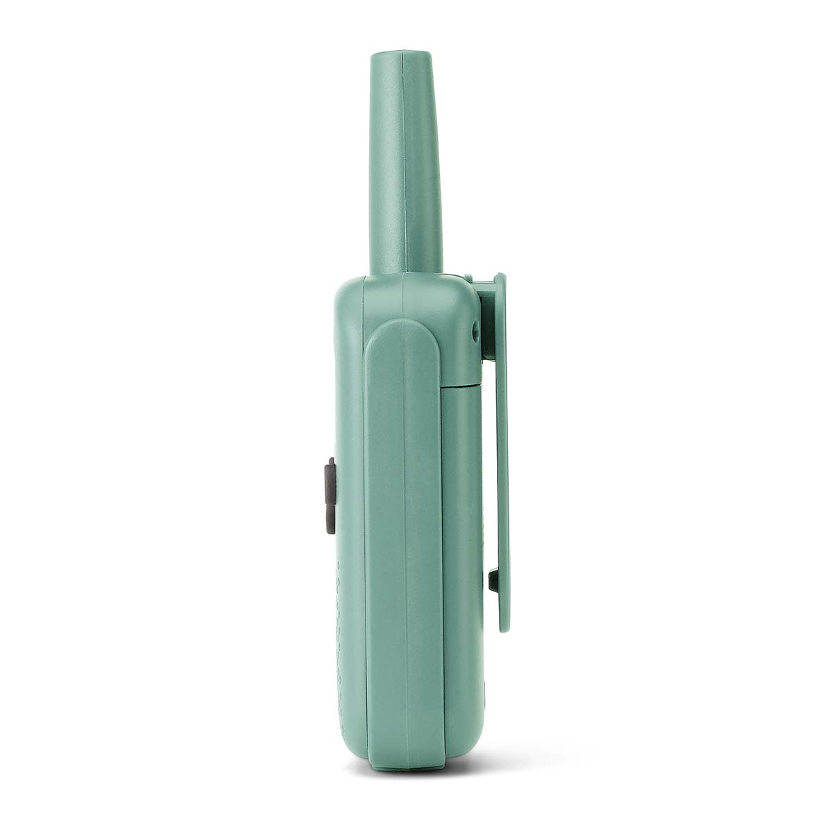 A green walkie-talkie with a clip, isolated on white.