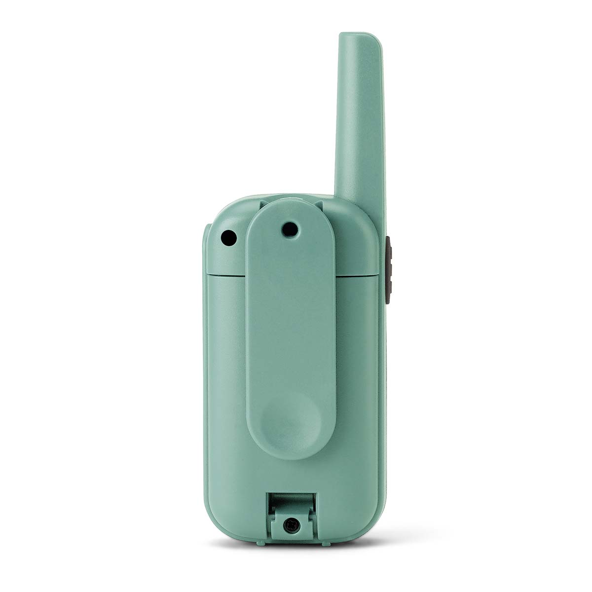 A teal-colored walkie-talkie with a clip on the back, on a white background.