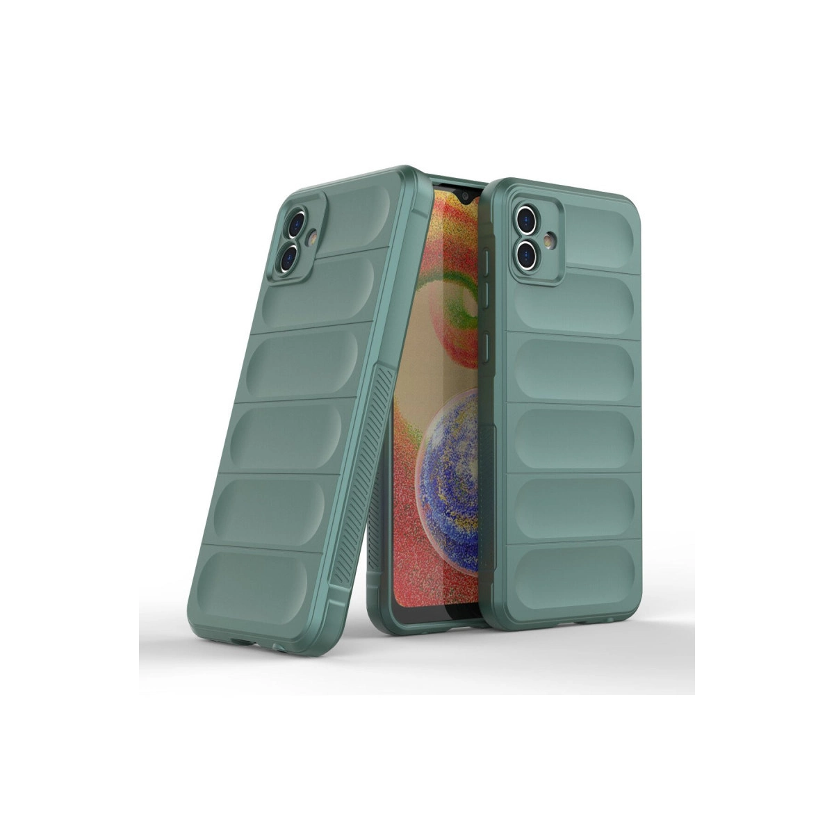 Kanallı desenli iki yeşil telefon kılıfı, biri ayakta, diğeri yatay.