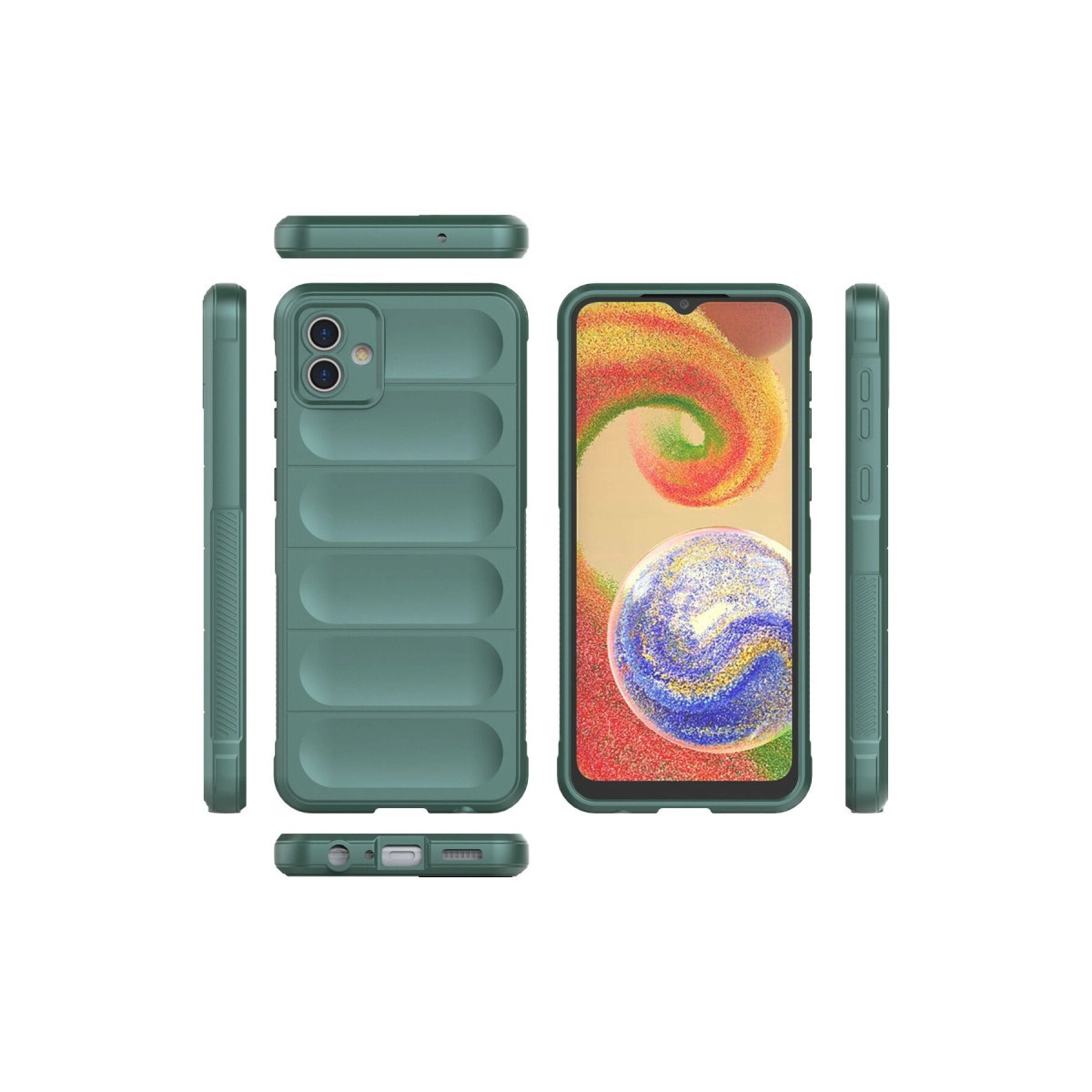 Yatay oluklu yeşil telefon kılıfı, ön, arka ve yan görünümler.