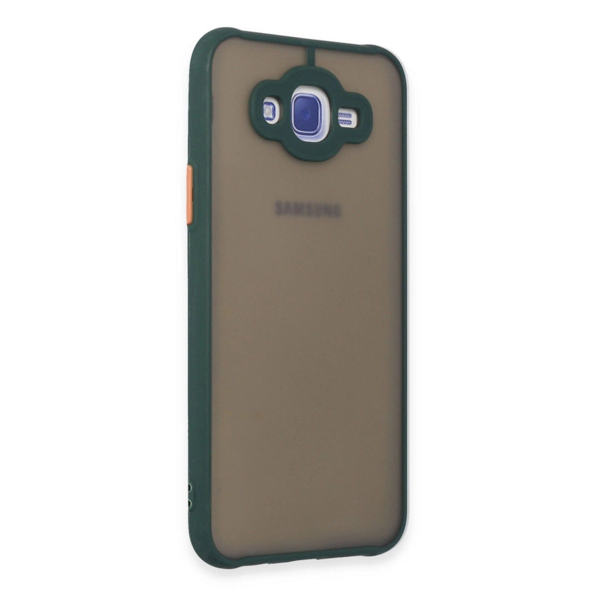 Koyu yeşil Samsung telefon kılıfı, dumanlı kahverengi arka ve kamera kesiği.