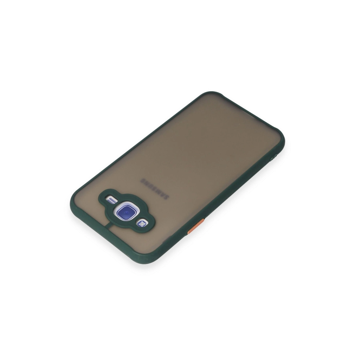Kamera kesimli ve turuncu düğmeli koyu gri telefon kılıfı.