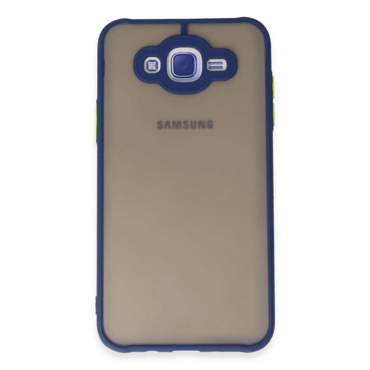 Mavi kenarlı ve renkli kasalı Samsung telefonun arkası.