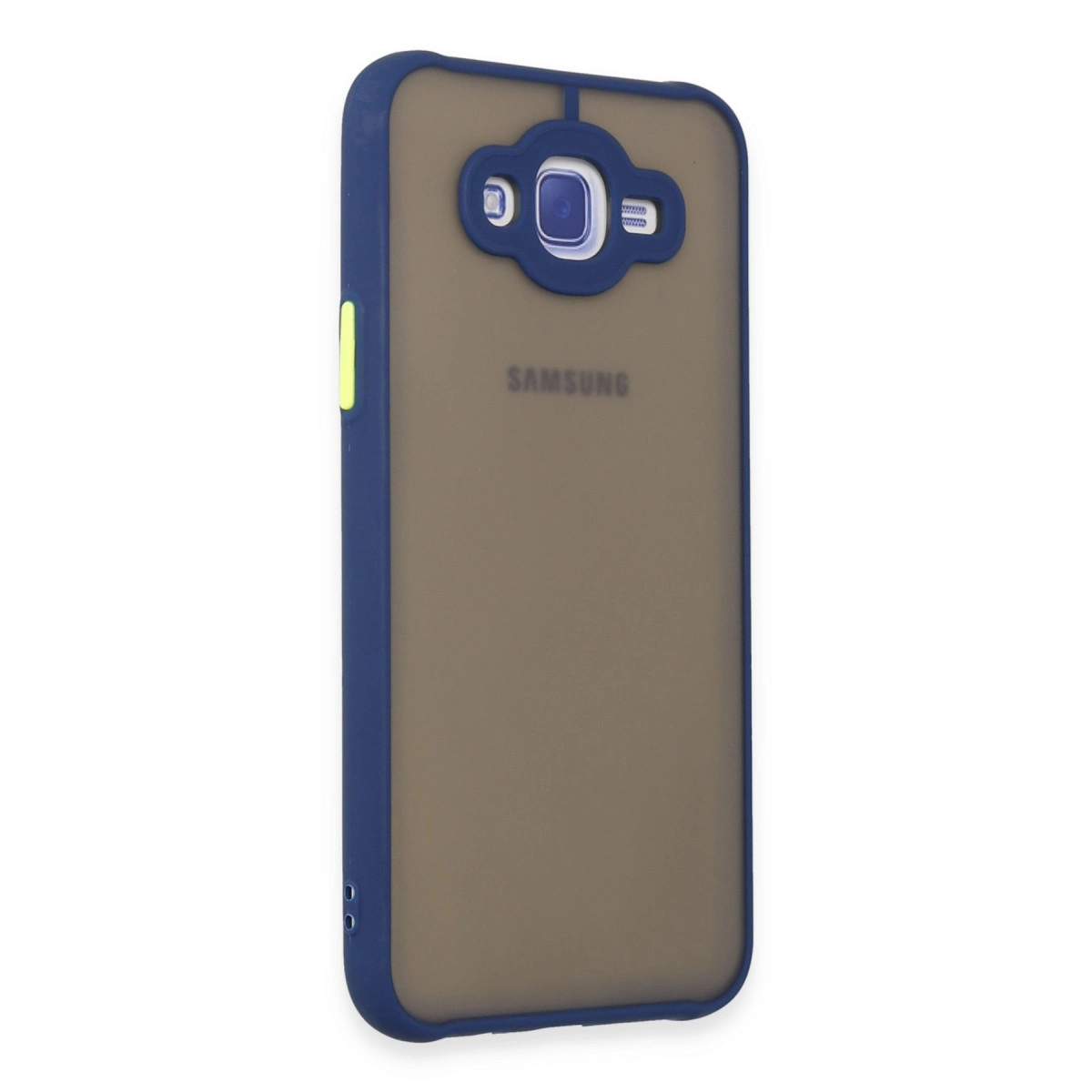 Yarı saydam kahverengi arka plana sahip koyu mavi Samsung telefon kılıfı.