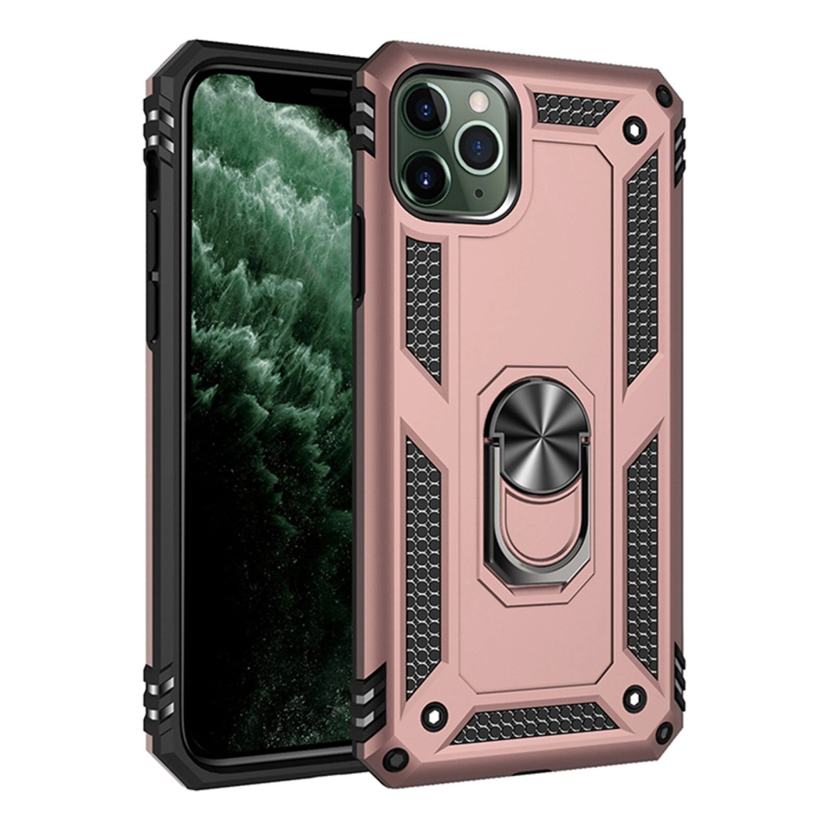 Halka tutuculu ve siyah kenarlı, roze altın rengi telefon kılıfı.