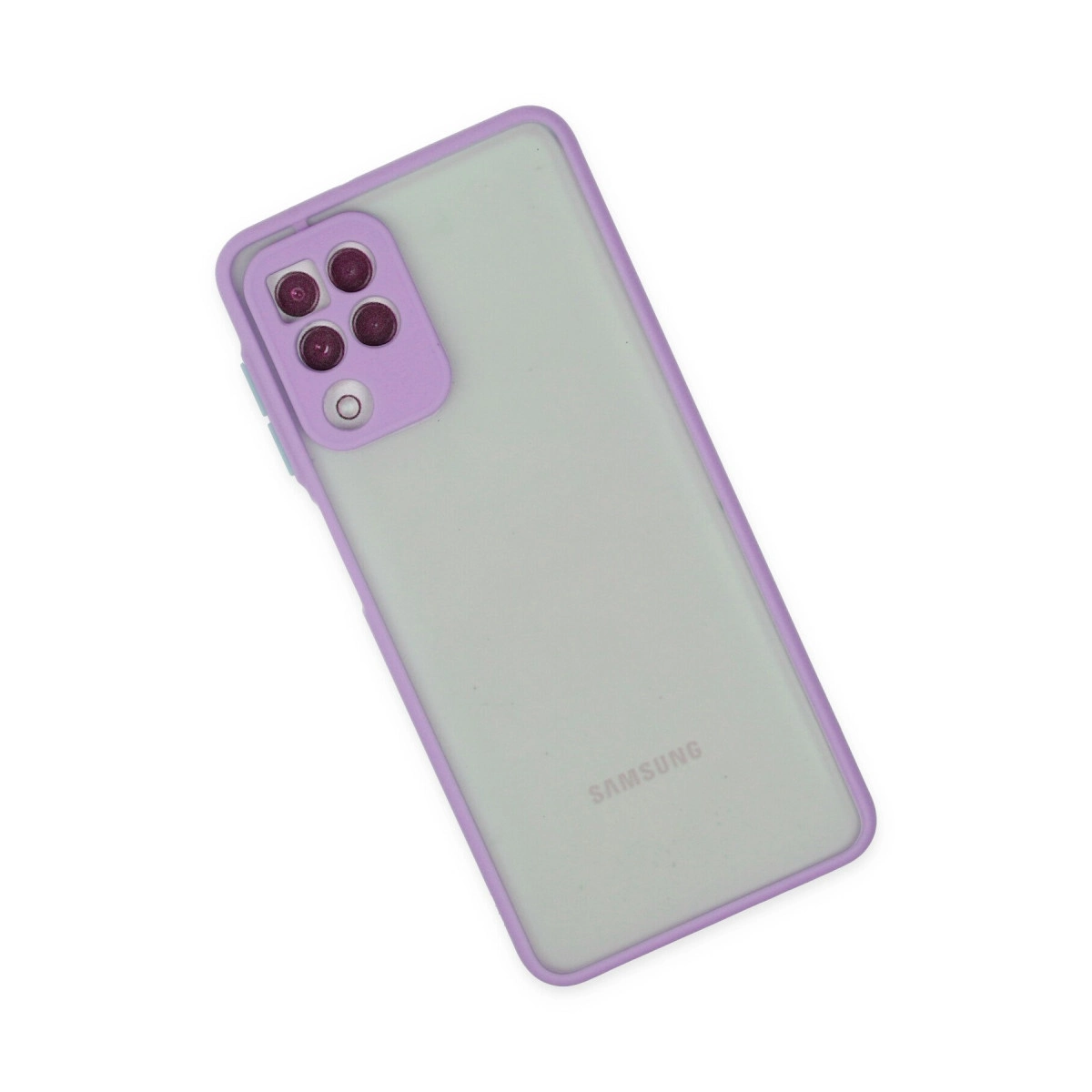 Dört kamera lensli ve Samsung logolu mor telefon kılıfı.