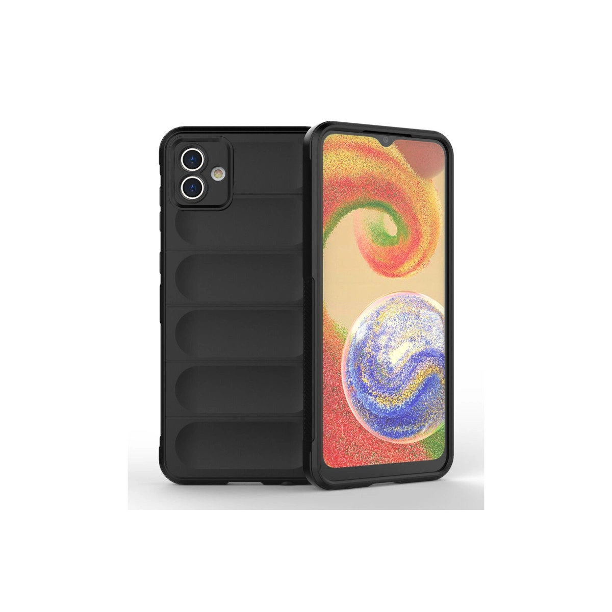Yatay çıkıntılı siyah telefon kılıfı, renkli duvar kağıtları gösteren bir akıllı telefonun yanında.