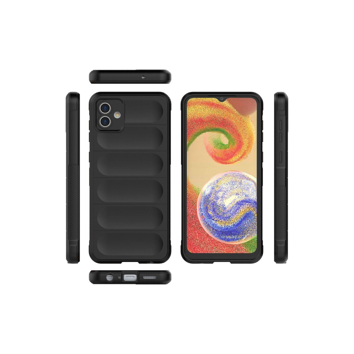 Ön, arka, üst, alt ve yan görünümleriyle gösterilen siyah telefon kılıfı.