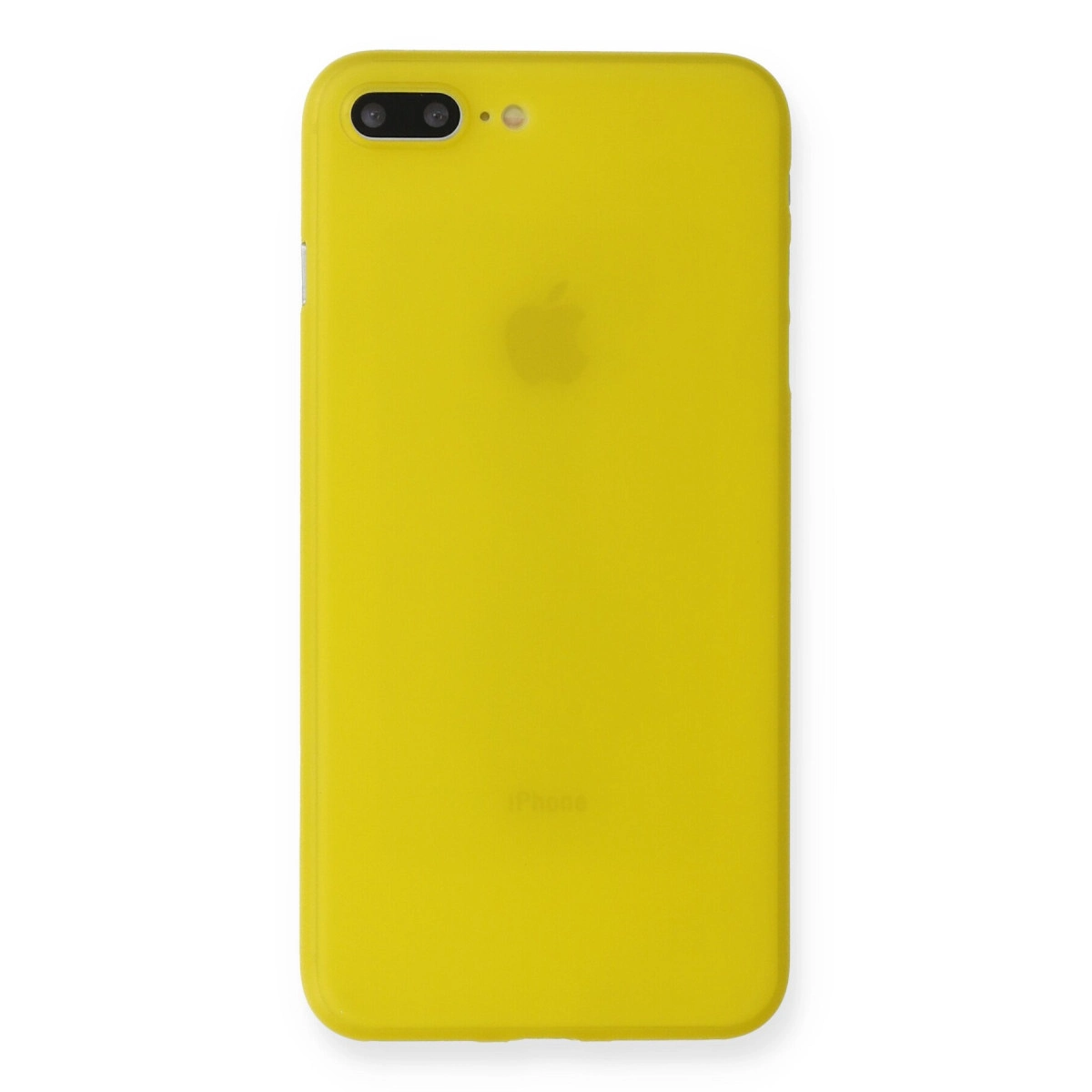 Apple logosu ve çift kamerası olan sarı iPhone kılıfının arkası.