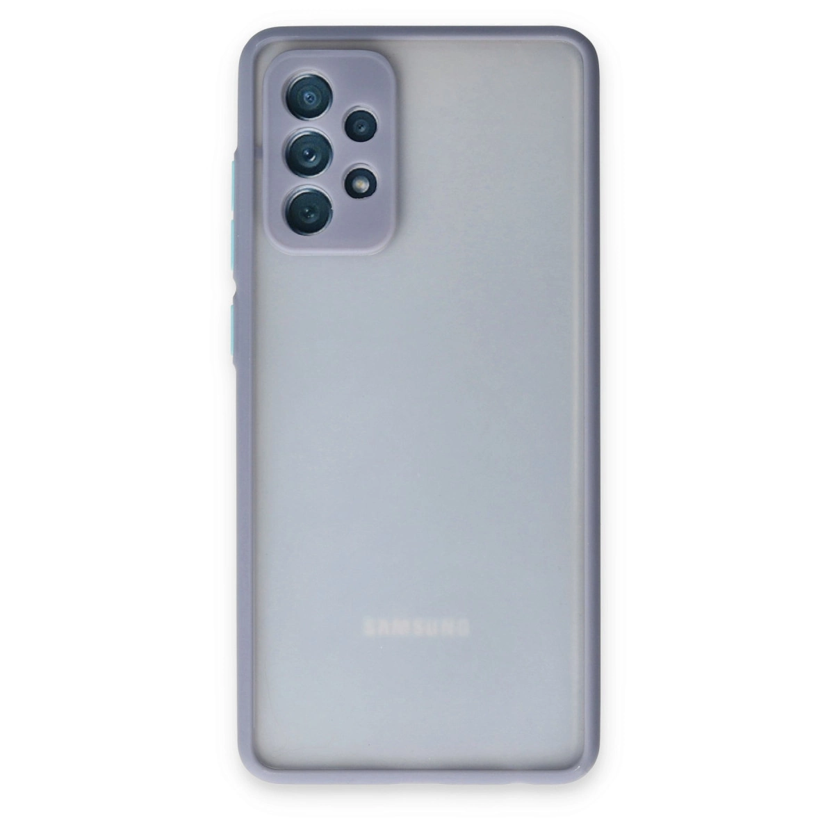 Dört kameralı mor Samsung telefonun arkası.
