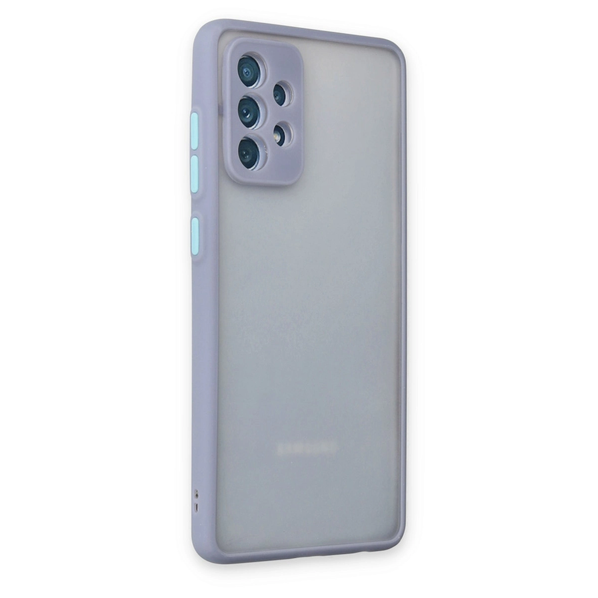 Arkada kamera modülü olan mor bir telefon kılıfı.