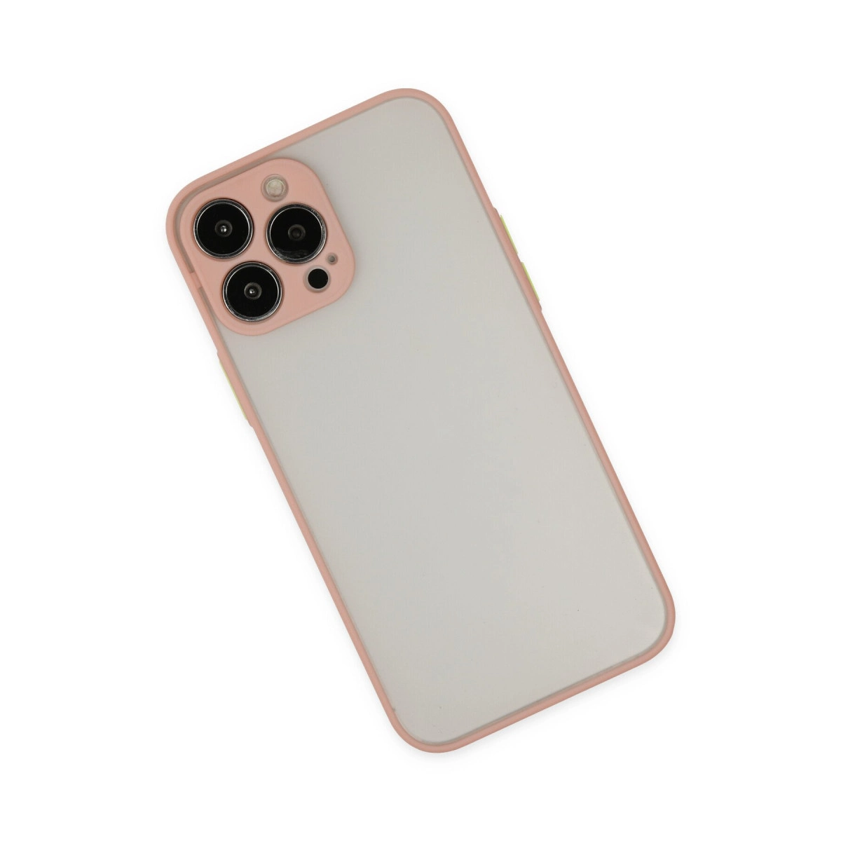 Pembe kenarlı ve kamera oyuntulu şeffaf telefon kılıfı beyaz arka plan üzerinde gösteriliyor.