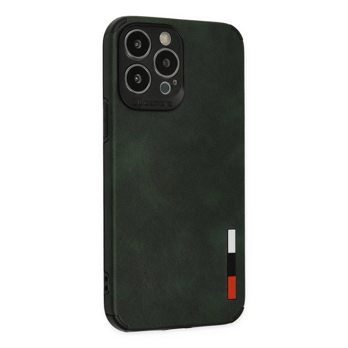Siyah çerçeveli, üç kameralı koyu yeşil telefon kılıfı.