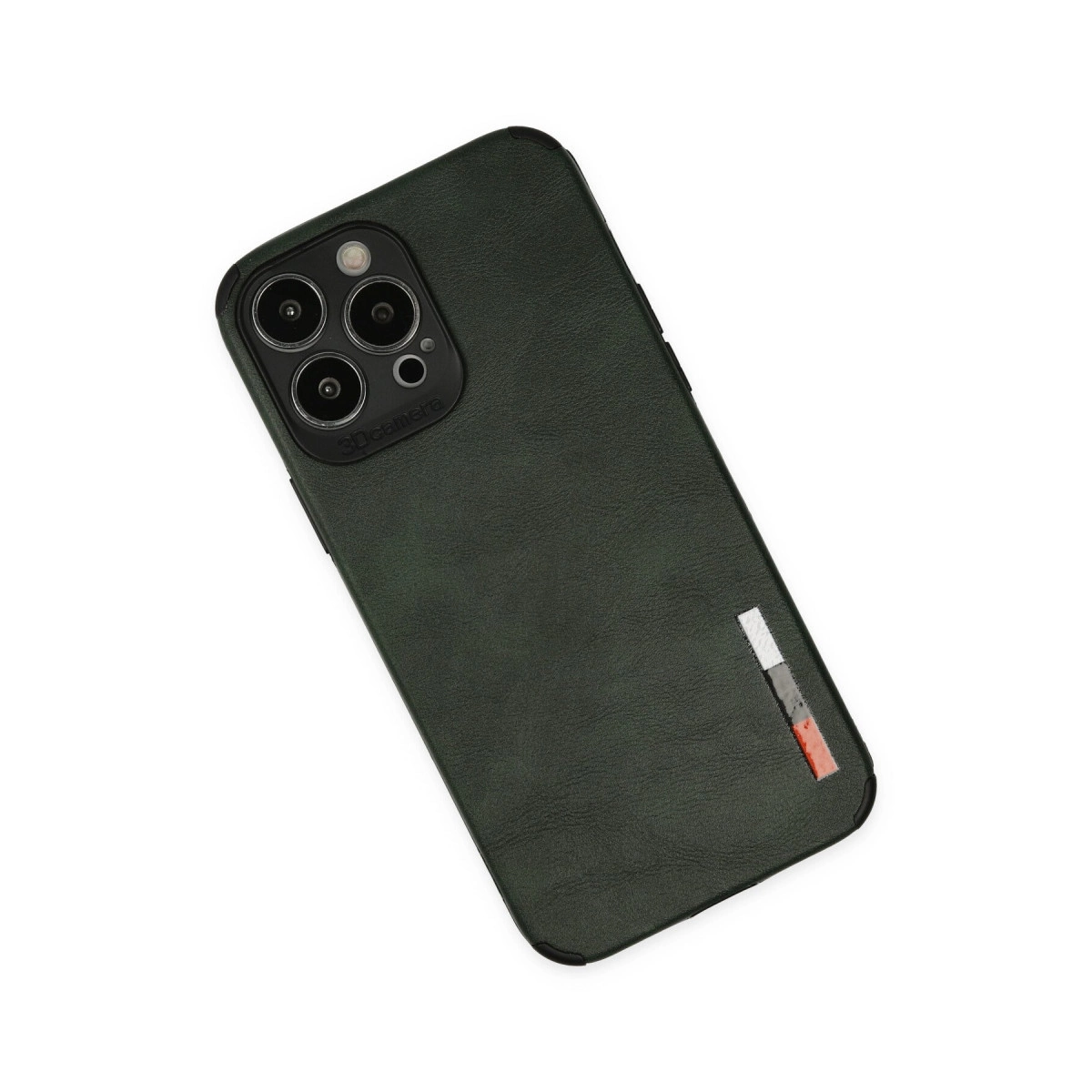 Kamera dizilimli, ince şerit detaylı, koyu yeşil telefon kılıfı.