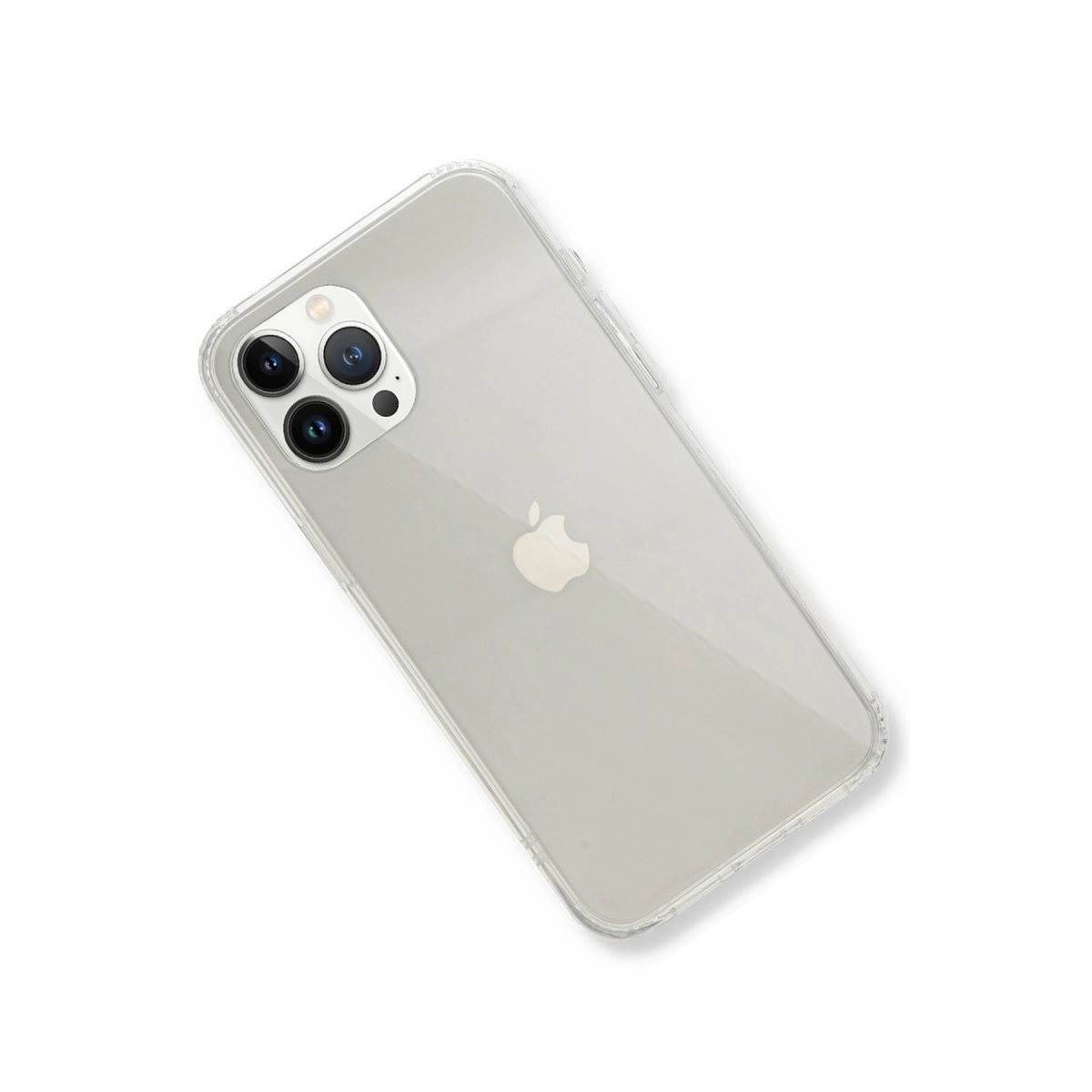Apple logosu ve üçlü kamera sistemine sahip şeffaf iPhone kılıfı.