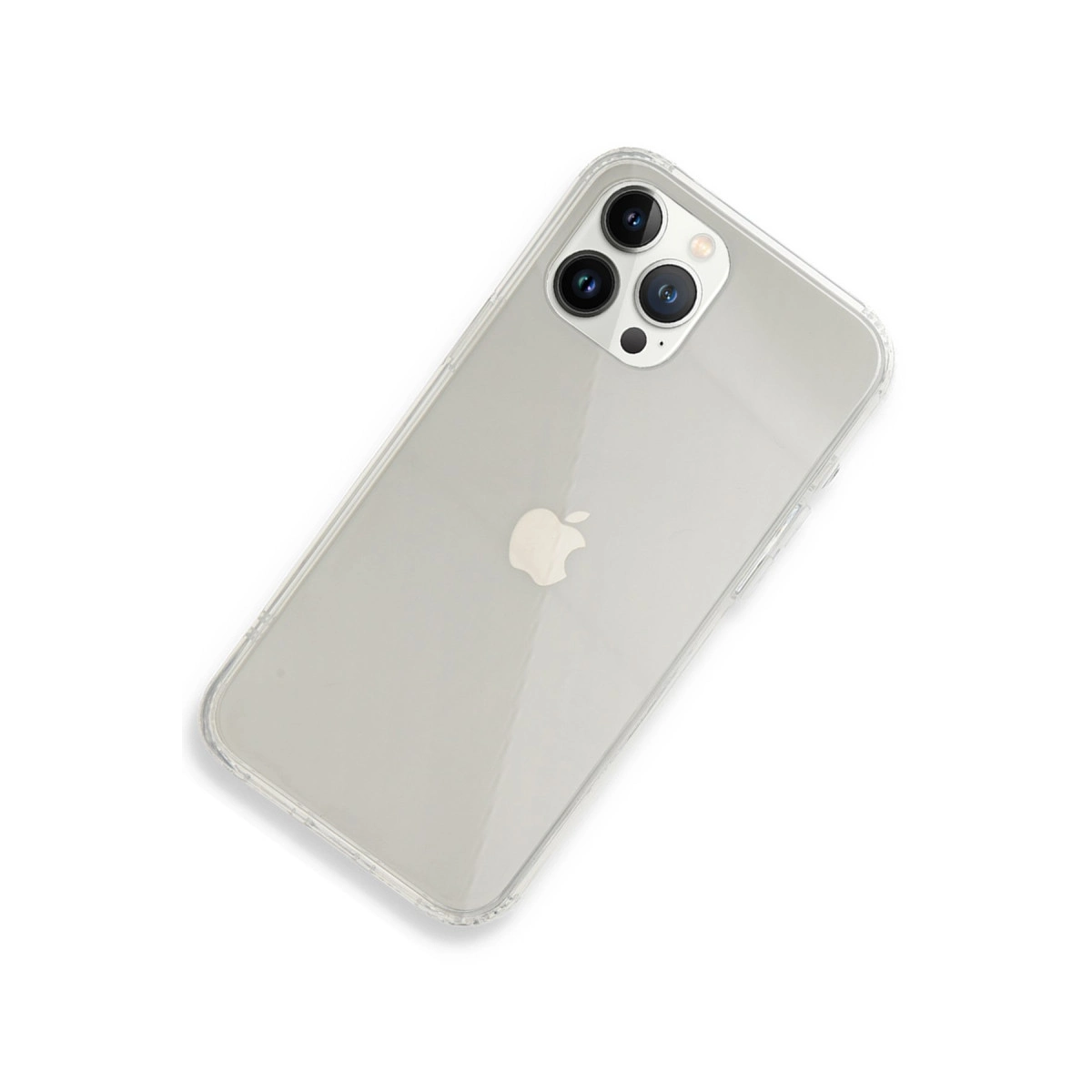 Apple logosu ve üç kamera lensi olan şeffaf telefon kılıfı.