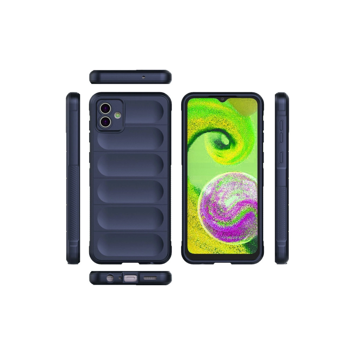 Koyu mavi telefon kılıfı, kamera ve ekranı gösteren farklı açılardan.