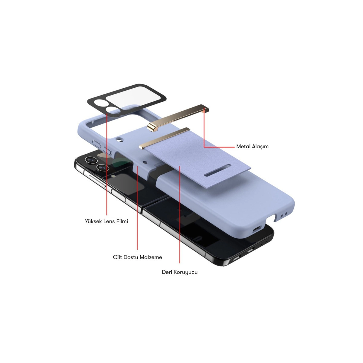 Metal ve deri detaylı telefon kılıfının patlatılmış görünümü.