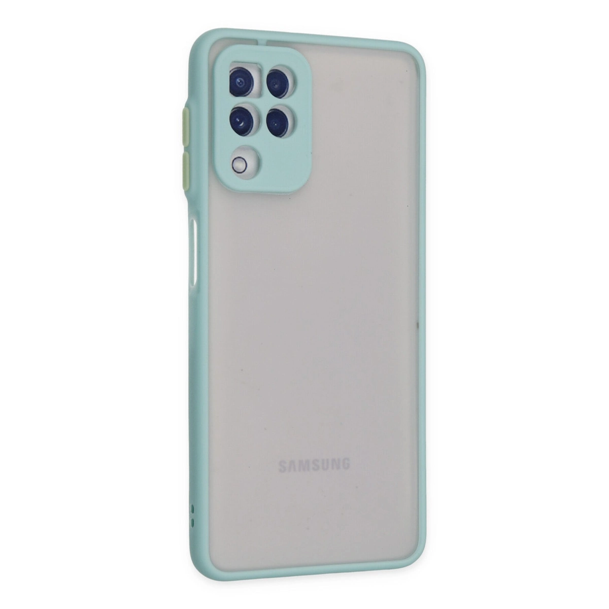 Dört kamera lensli ve Samsung logolu turkuaz telefon kılıfı.