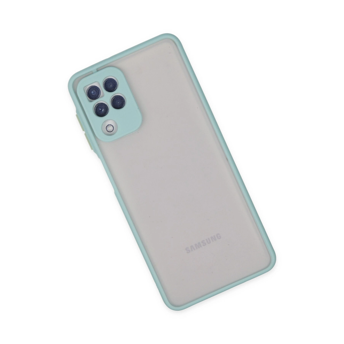 Turkuaz kılıflı ve dört kameralı şeffaf telefon.