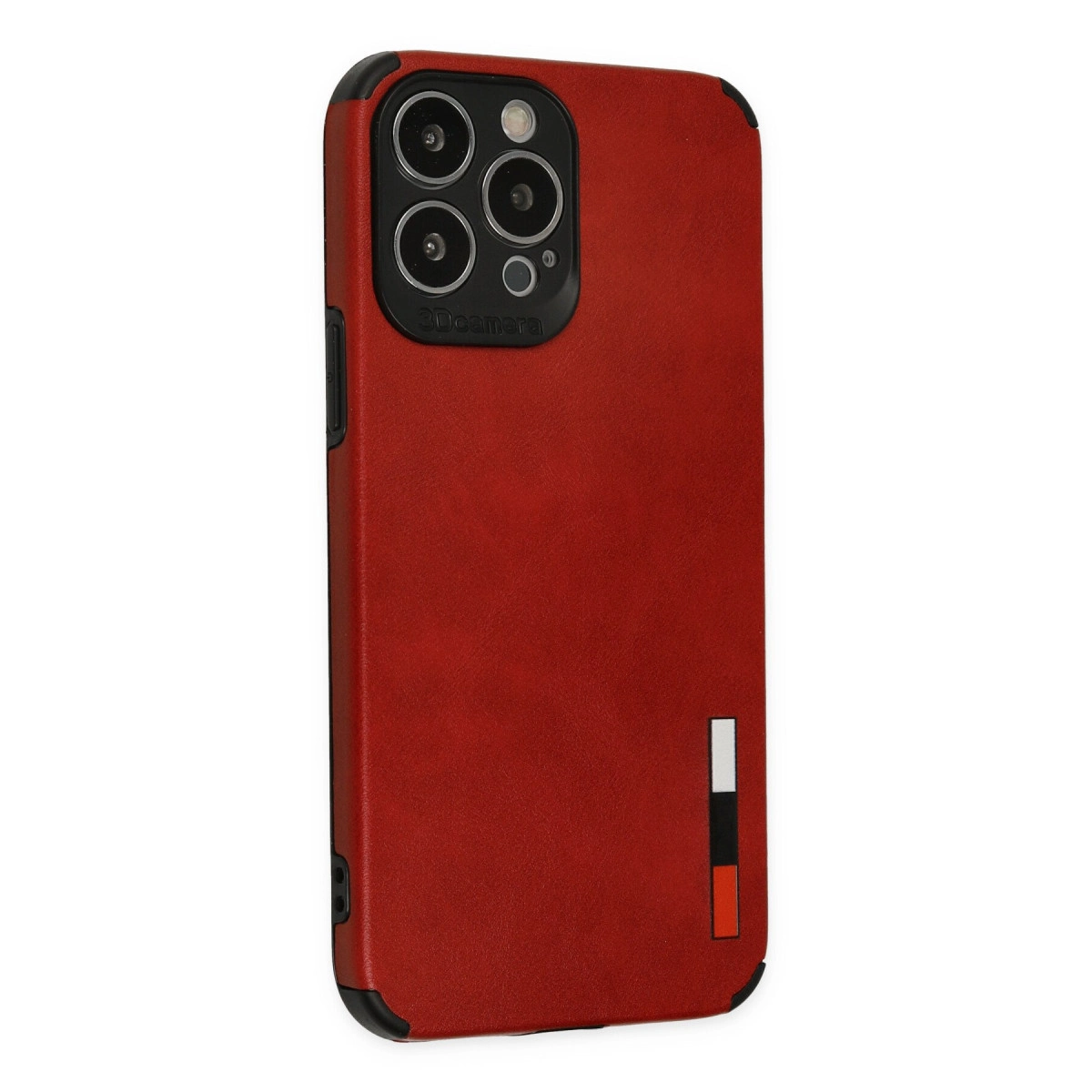 Siyah kamera modüllü ve beyaz-siyah vurgulu kırmızı telefon kılıfı.