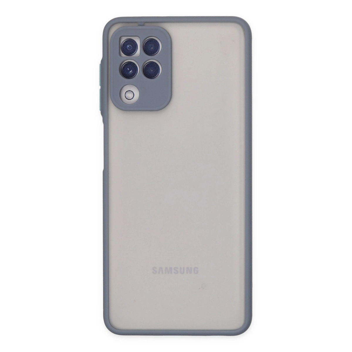 Dört kameralı ve flaşlı gri Samsung telefonun arkası.
