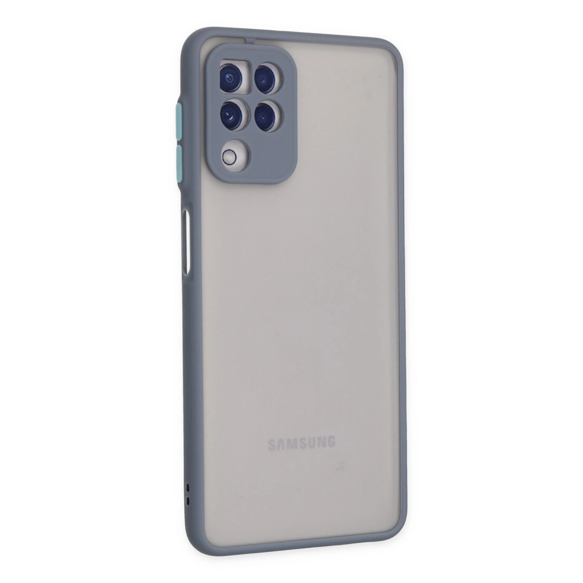Dört kamera lensli ve arkasında Samsung logosu bulunan gri telefon kılıfı.