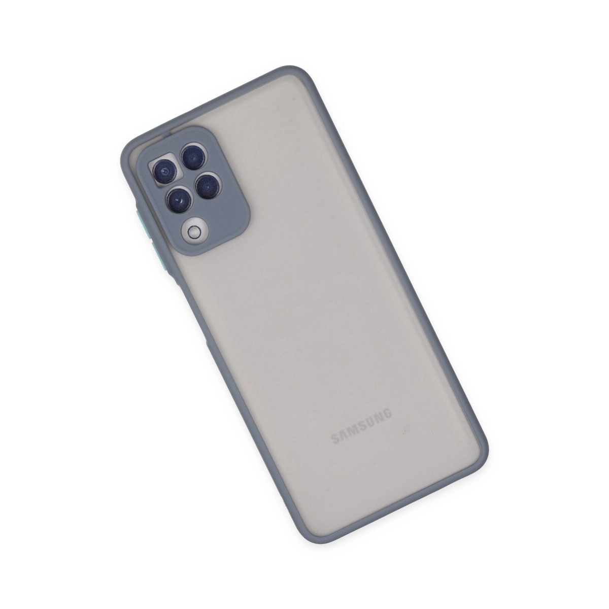 Arkada dört kamerası olan gri telefon kılıfı. Altta Samsung logosu.