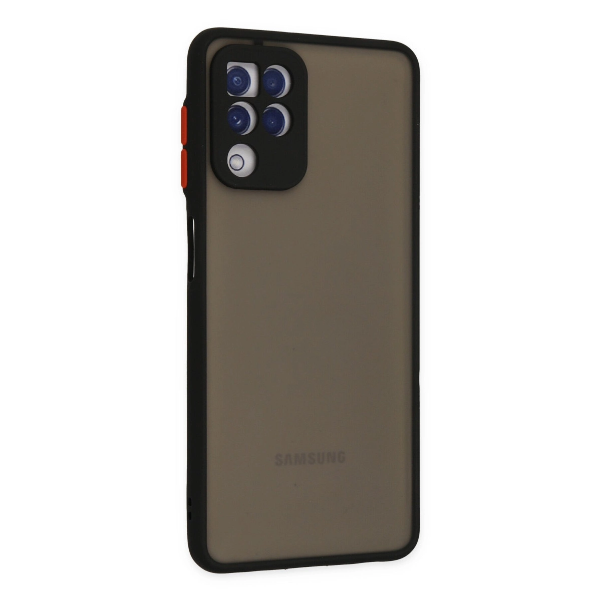 Kare kamera modülüne ve Samsung logosuna sahip koyu renkli telefon kılıfının arkası.