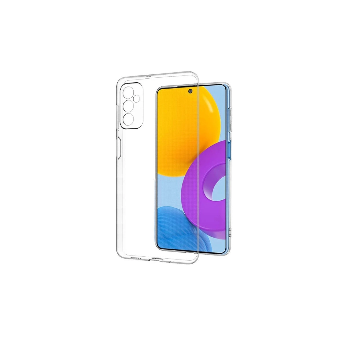 Renkli arka plan grafikli bir akıllı telefonun yanında şeffaf telefon kılıfı.