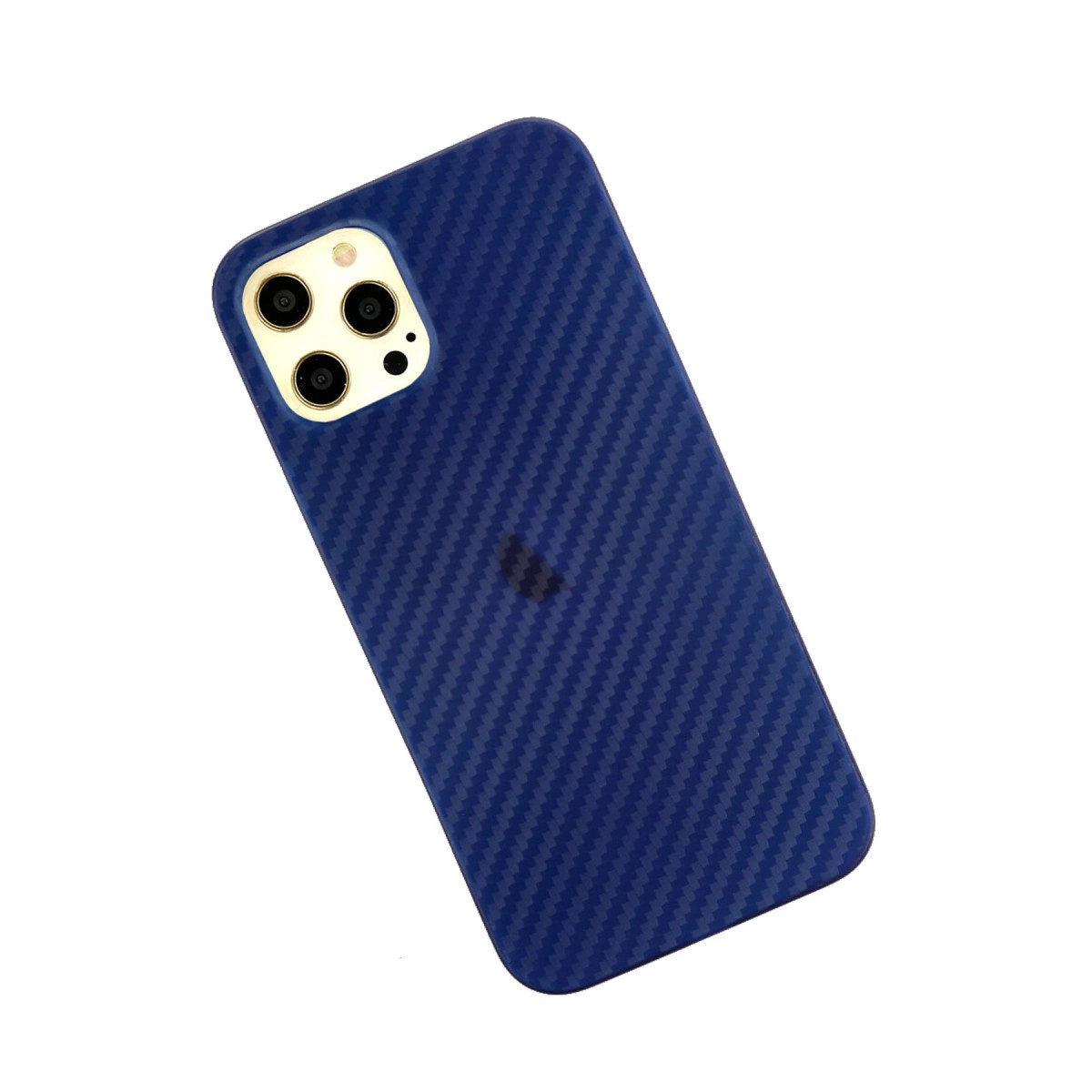 Üç kameralı, karbon fiber desenli mavi telefon kılıfı.