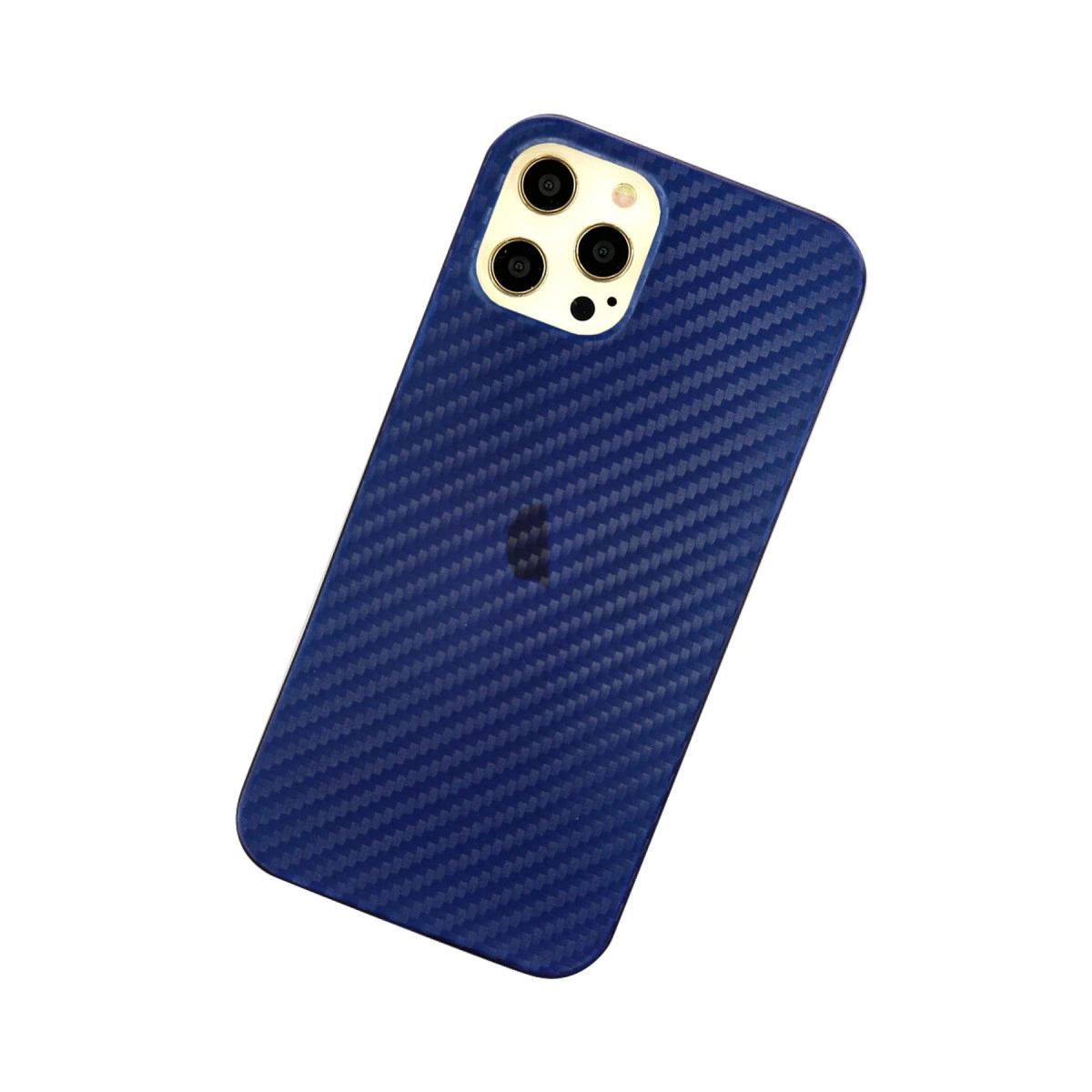 Koyu mavi karbon fiber desenli telefon kılıfı, kamera modülü.