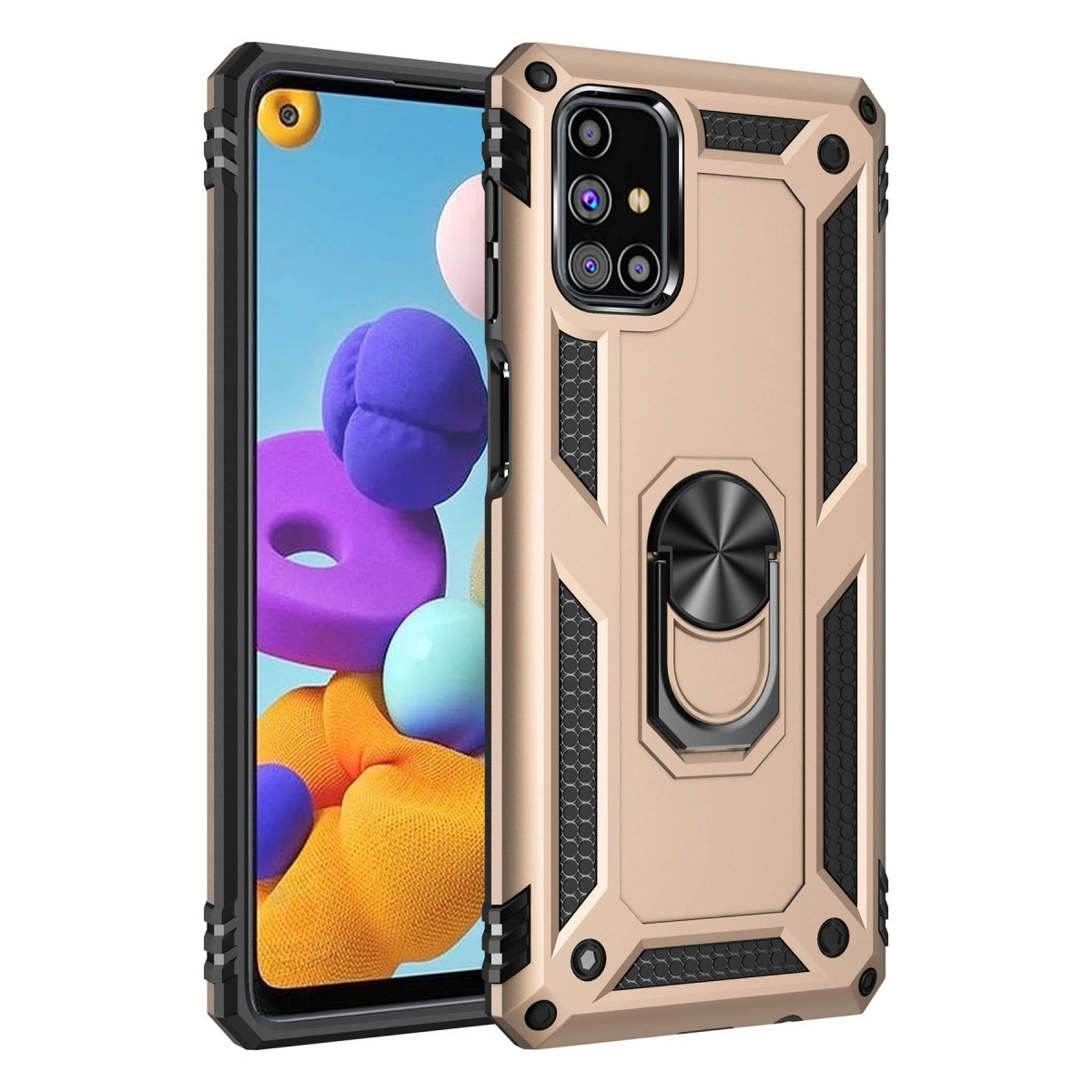 Halka tutuculu ve siyah çerçeveli altın rengi telefon kılıfı.