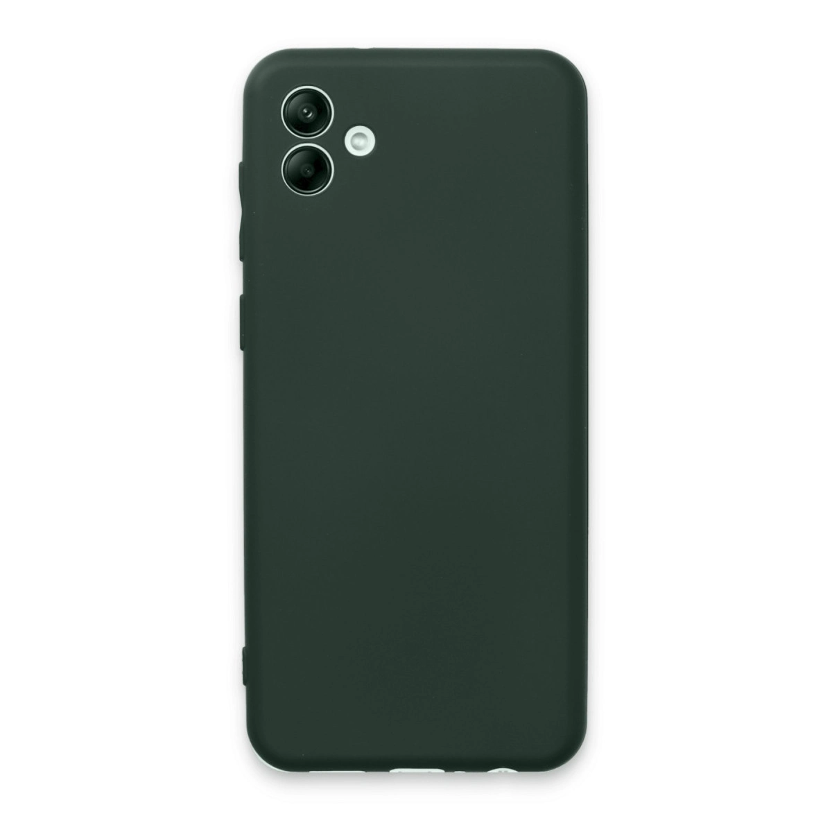 Kamera oyuntulu, koyu yeşil telefon kılıfı, beyaz arka plan üzerinde.