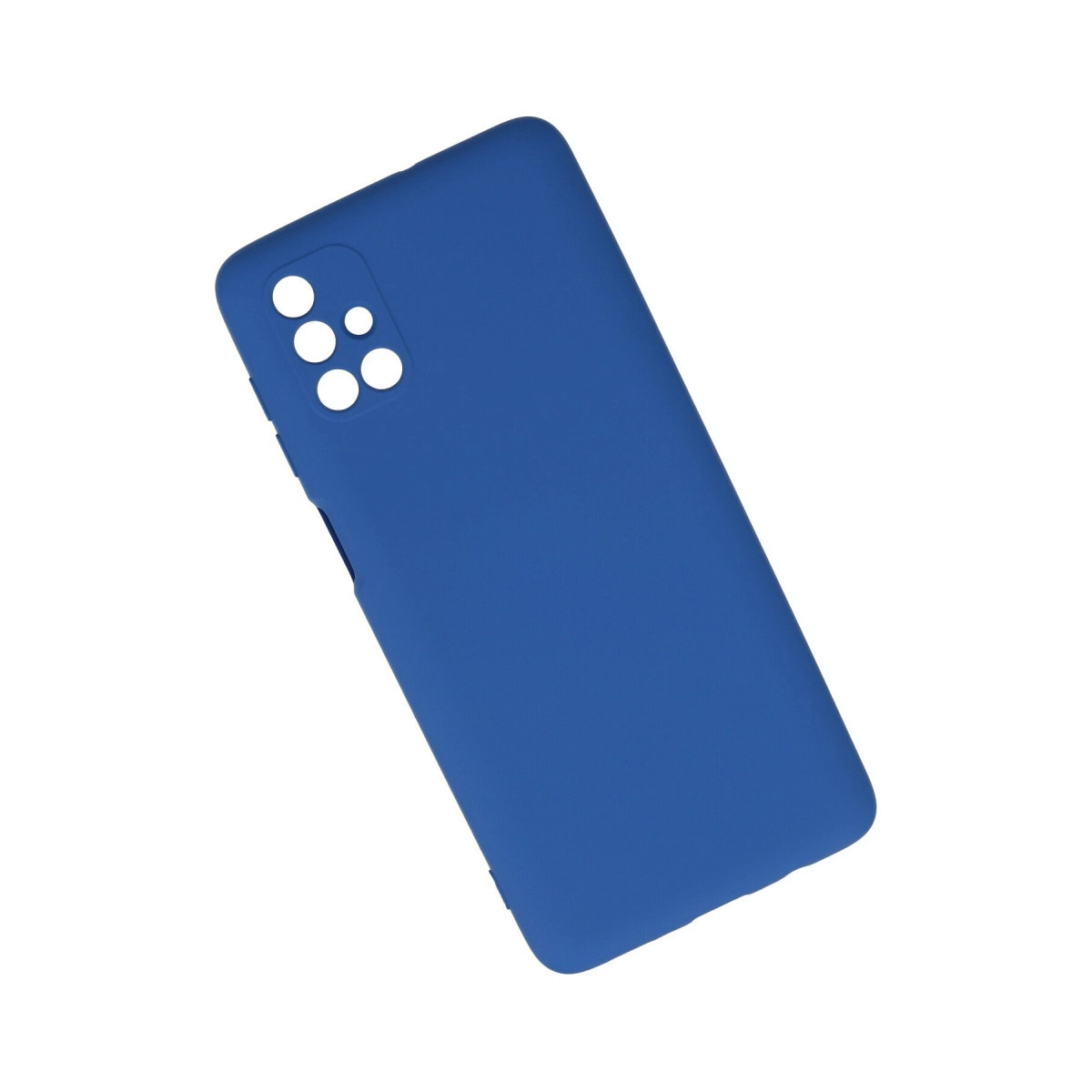 Beyaz arka plan üzerinde dikdörtgen kamera oyuntulu mavi telefon kılıfı.
