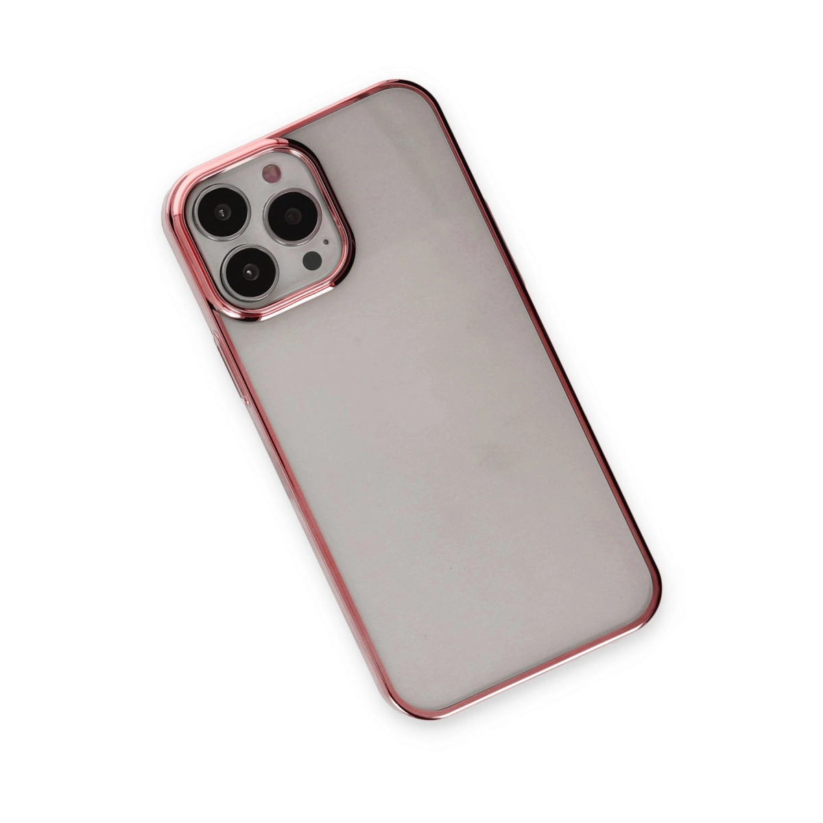 Beyaz arka plan üzerinde pembe altın kenarlı şeffaf telefon kılıfı.