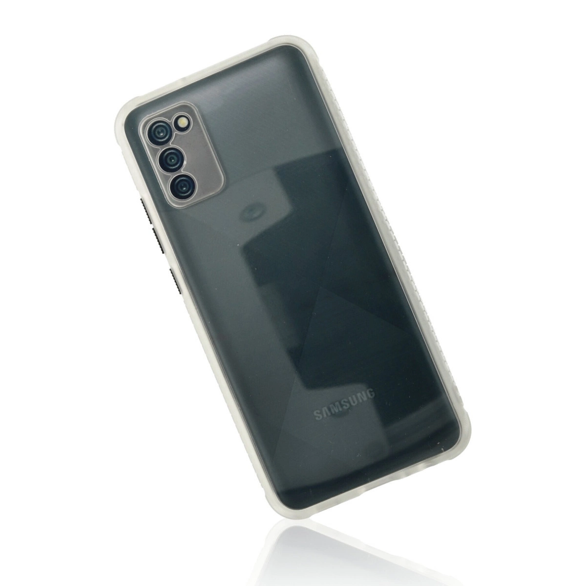 İçinde siyah Samsung telefon bulunan şeffaf telefon kılıfı.