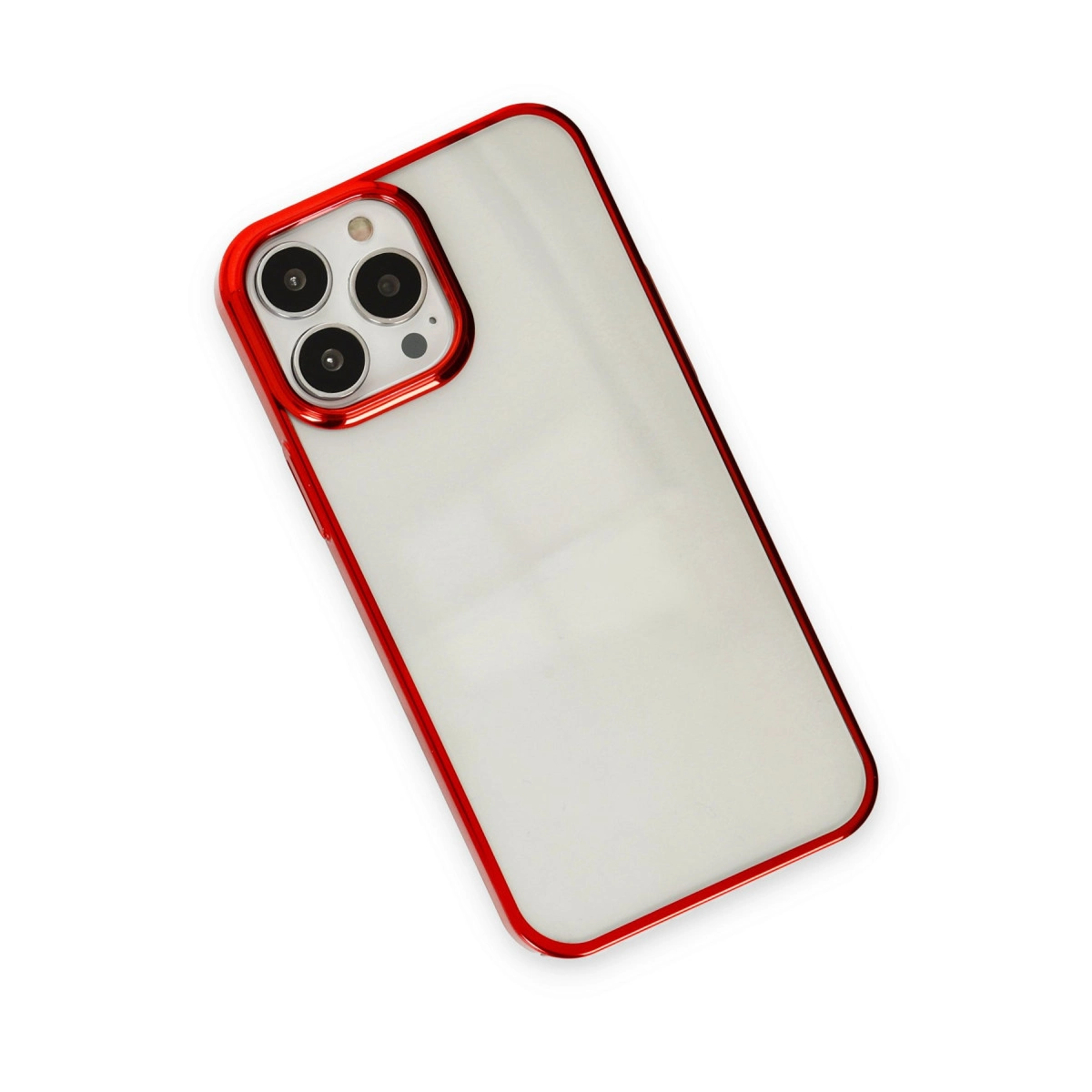 Parlak kırmızı metal tamponlu ve lens çevreli beyaz telefon kılıfı.
