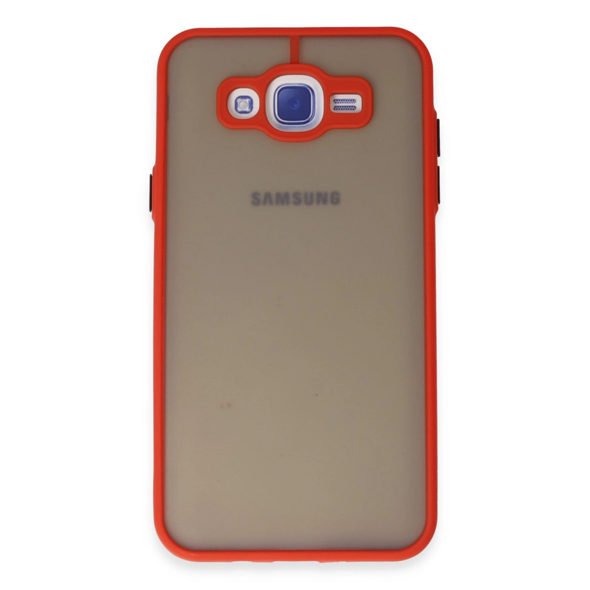 Kamera oyuklu kırmızı Samsung telefon kılıfı.
