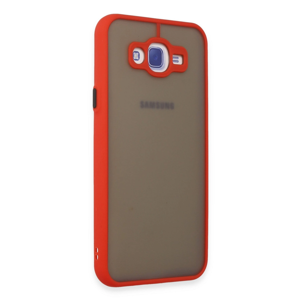 Şeffaf arka kapaklı kırmızı telefon kılıfı, kamera kesiği ve Samsung logosu görünüyor.