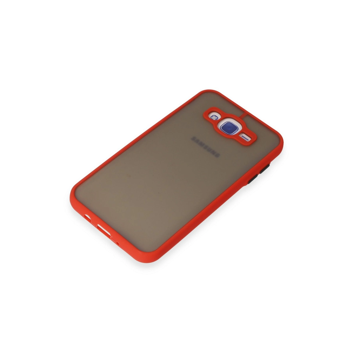 Arkada Samsung logosu bulunan kırmızı telefon kılıfı.