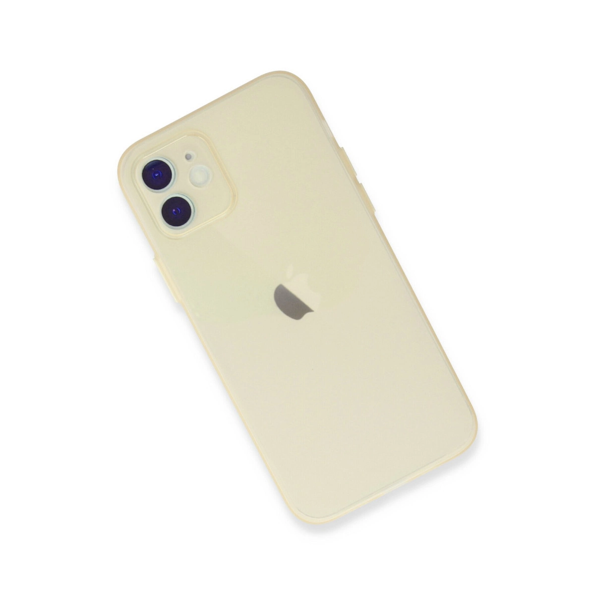 Arkada iki kamera ve Apple logosu bulunan açık sarı bir iPhone.
