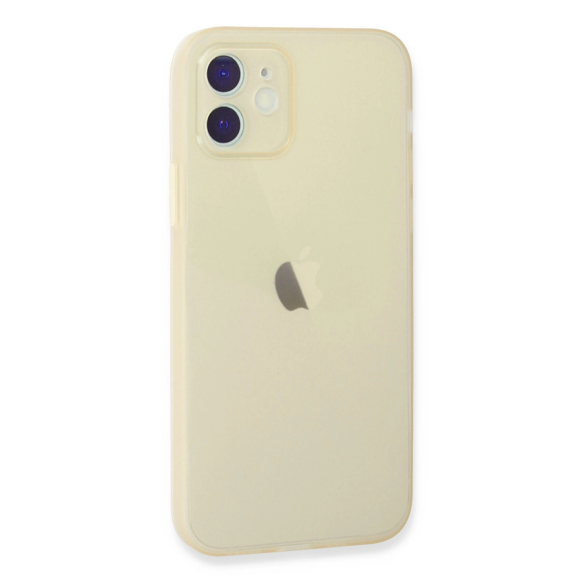 Arkası açık sarı iPhone, iki kamera ve Apple logosu bulunur.