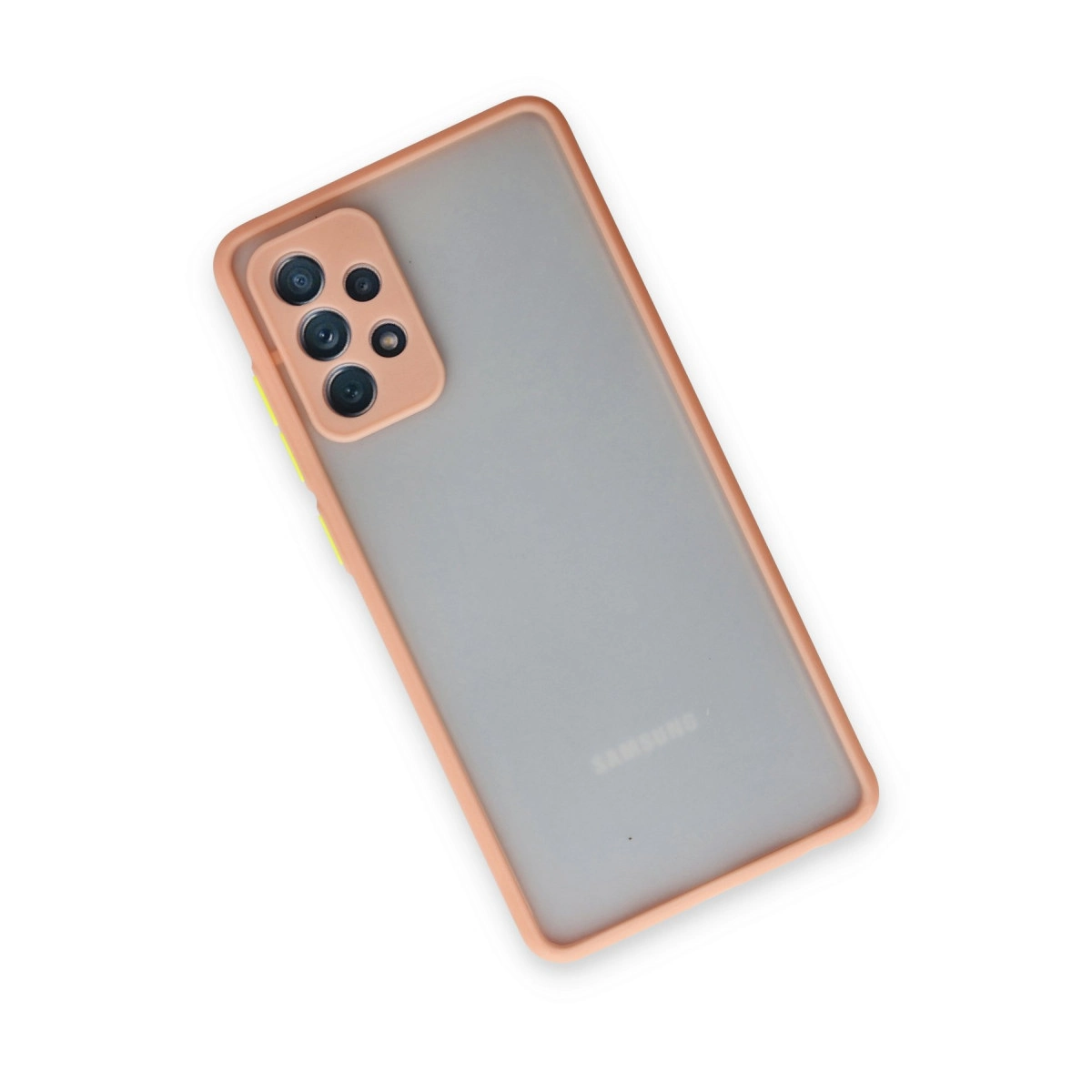 Pembe çerçeveli ve kamera çıkıntılı şeffaf telefon kılıfı.