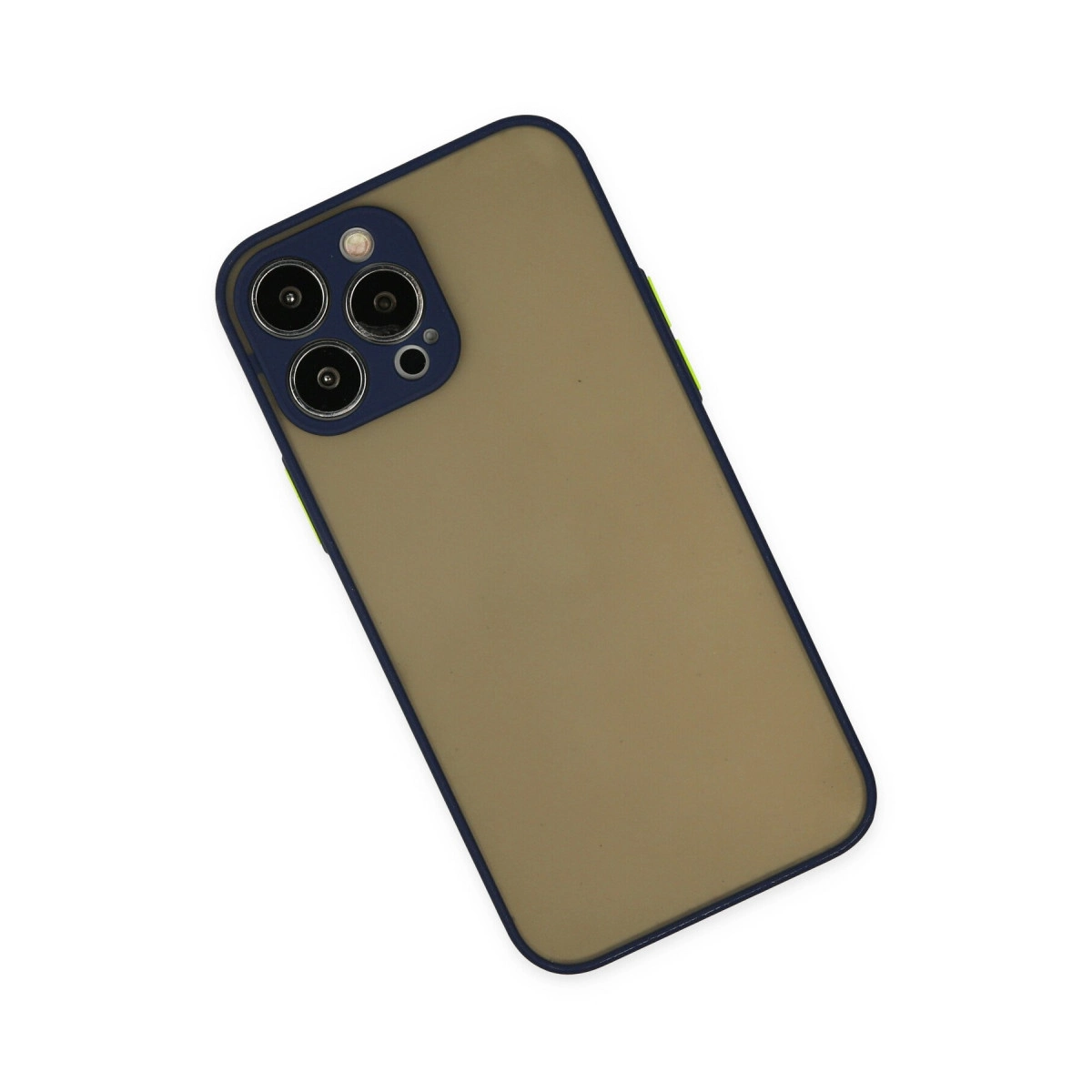 Üç kamera lensli ve mavi kenarlı kahverengi telefon kılıfı.