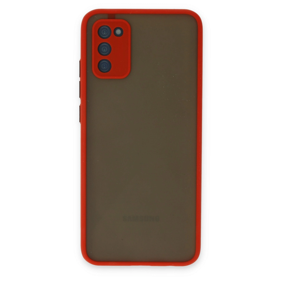 Kırmızı kenarlı ve kamera kesimli, dumanlı kahverengi telefon kılıfı.