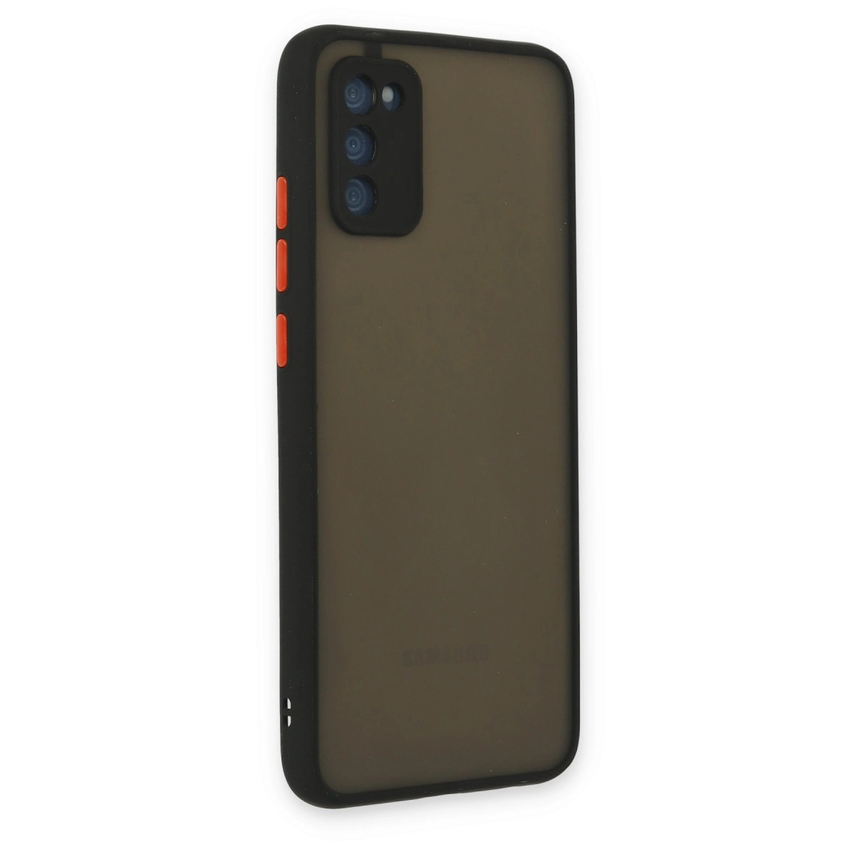 Yan tarafında üç turuncu düğme ve kamera lensi bulunan siyah telefon kılıfı.
