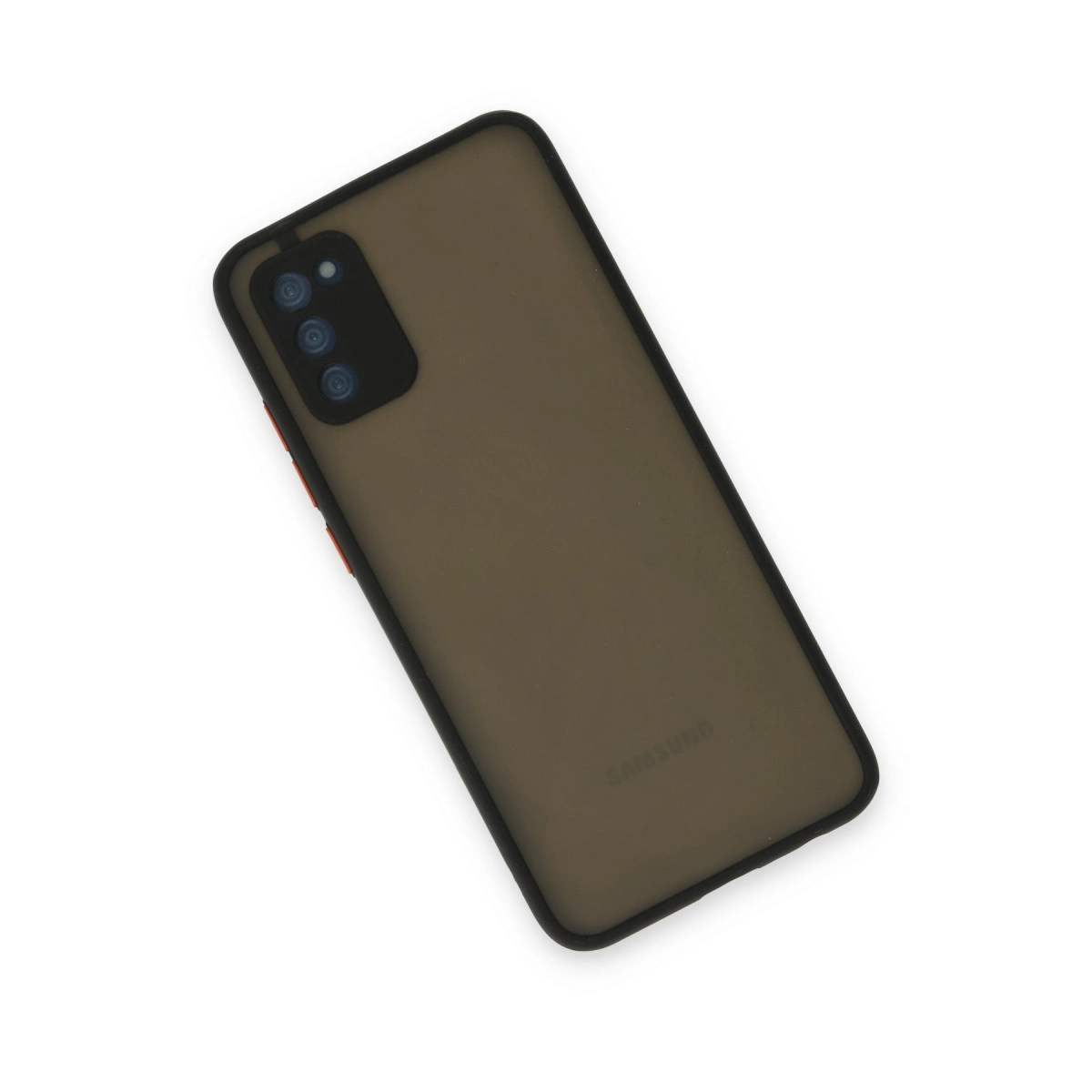 Siyah çerçeveli ve kamera modüllü koyu gri Samsung telefon.