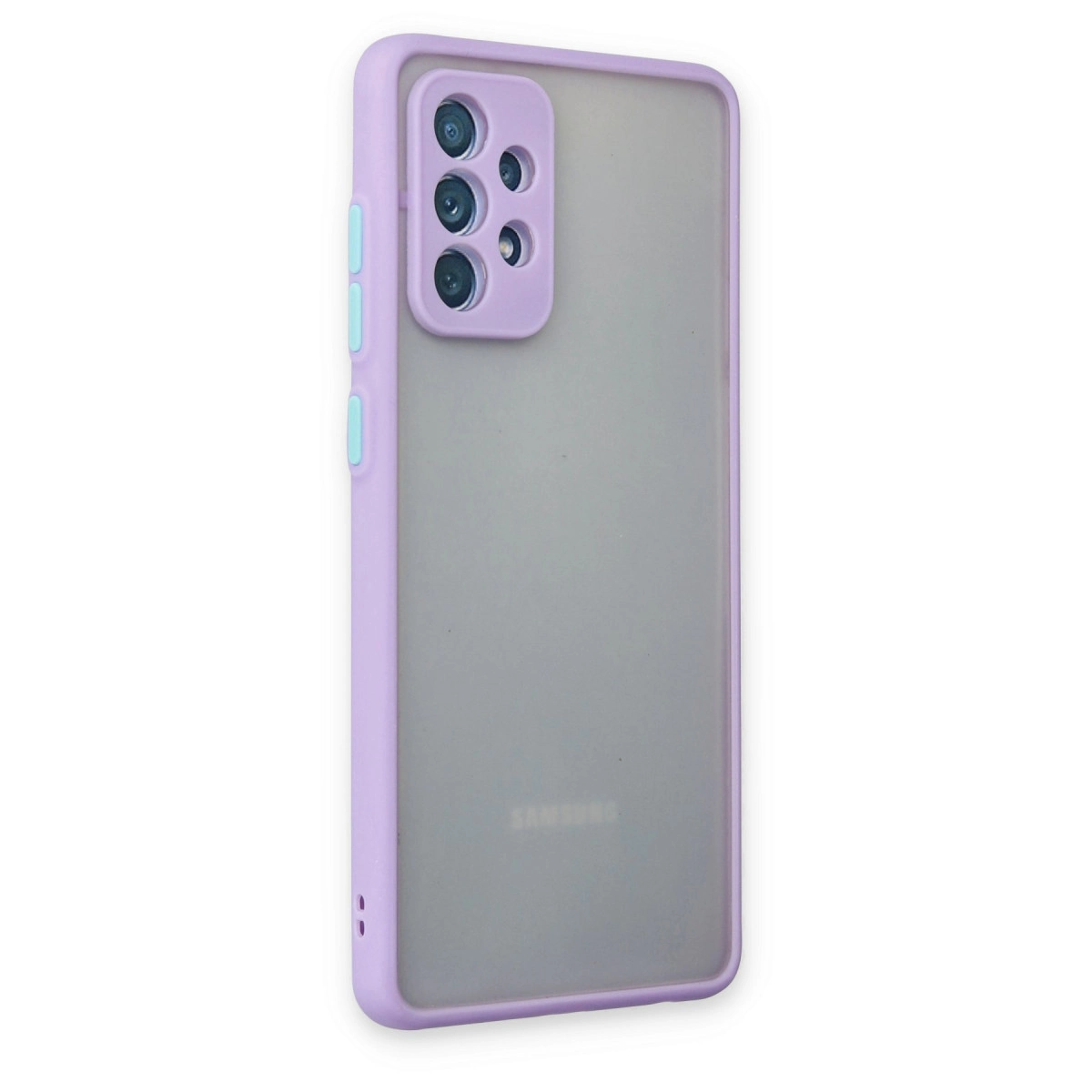Buzlu arka ve kamera kesimli açık mor telefon kılıfı.